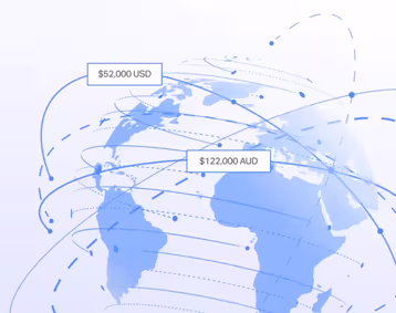 Global payments world map with transfer routes and currency labels.