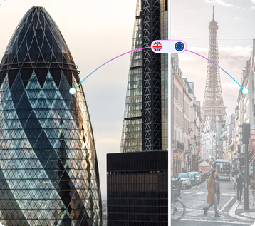 Split cityscape showing modern London architecture and a Paris street with the Eiffel Tower.